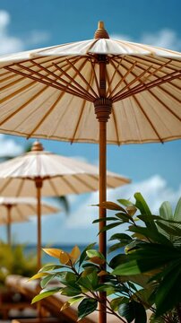 Relaxing day at a tropical beach with umbrellas and lush greenery in the background during a sunny afternoon