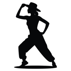 woman in Tilted hat hip-hop stance dance pose, dynamic Silhouette of a Woman in a Hat Dancing