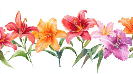 Fototapeta premium Watercolor botanical illustration of vibrant lilies in various colors, showcasing their beauty and elegance