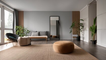 Fototapeta premium modern minimalist room with mirror and pouf