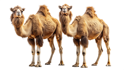 Three Bactrian Camels Standing Isolated Against a White Background A I G E N E R A T E D - P N G isolated on a transparent background