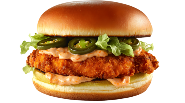 A spicy chicken sandwich with jalapeños and creamy sauce close up on transparent background png - Powered by Adobe