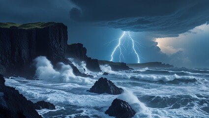 Dramatic Coastal Storm with Lightning Striking Over the Crashing Waves