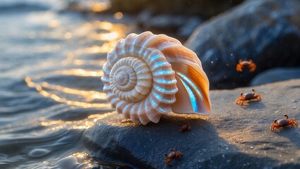 Seashell Resting on Coastal Rock with Tiny Crabs at Sunset