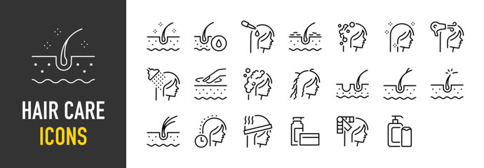 Set of Hair care icons. such as Strength, Hair , Washing, Healthy, Bubbles, Unhealthy, Follicle, Heat, Styling illustration.	
