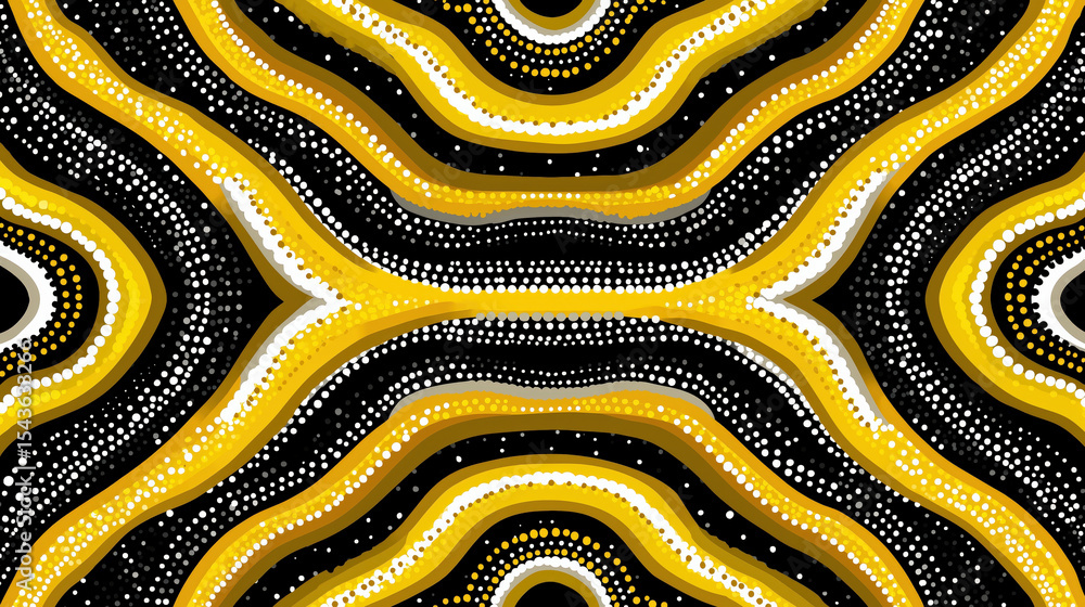 Aufkleber Abstract black, white, and yellow wave pattern with mandala like design, featuring intricate dots and lines creating symmetrical and dynamic visual effect