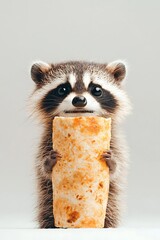 Adorable baby raccoon holding a burrito