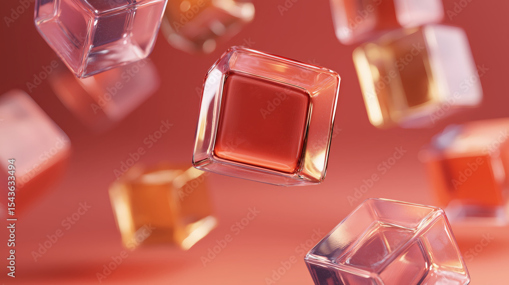 Poster Floating transparent cubes with soft shadows create mesmerizing pattern against warm red background, evoking sense of calm and creativity