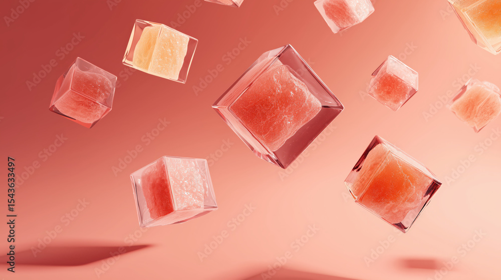 Poster Floating transparent cubes with soft shadows on pink background create surreal and modern aesthetic. cubes appear to be made of glass, adding sense of elegance and intrigue
