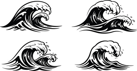 Vintage ocean wave tattoo set, bold black sea waves illustration, splash ink design, Japanese style tsunami clipart, surf elements isolated on white background, hand drawn vector