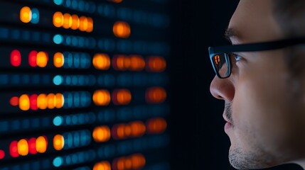 Man observing data on a server rack display
