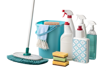Set of cleaning supplies and bottles PNG Image