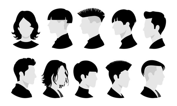 Set of men&rsquo;s avatars with diverse haircuts in side profile view. Monochrome gray and black vector silhouettes, perfect for user profiles, social media, and design projects. Transparent background
