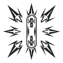 Fototapeta premium Skateboard Graphic: A centered black and white skateboard illustration with radiating blast effect, suitable for posters, stickers, and print designs.