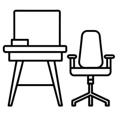Work Chair and Desk Icon – Minimal Vector Office Furniture Symbol for Workspace Setup, Home Office, Remote Work Environment, Ergonomic Chair and Desk Illustration, Flat Editable Graphic