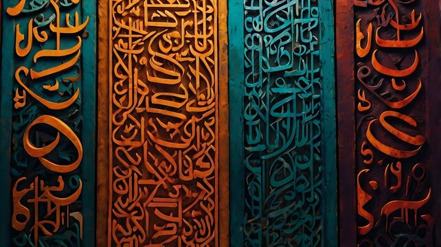 An artistic display features four vertical panels, each adorned with intricate Arabic calligraphy in varying colors like gold, teal, and brown set against an array of backgrounds, highlighting the bea