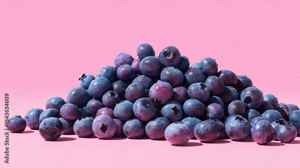 Poster pile of fresh blueberries is arranged on soft pink background, creating vibrant and colorful contras