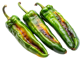 Three Grilled Green Chili Peppers with Brown Scorch Marks Isolated on a Transparent Background grilled peppers