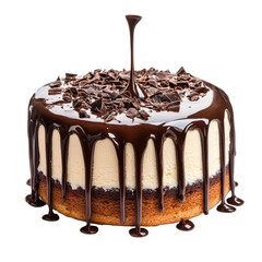 Pouring chocolate dripping from cake top, thick stream of chocolate sauce flows from the top of a cake, isolated on transparent background