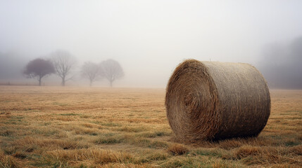 Single hay bale sits in foggy agricultural field, creating serene and tranquil atmosphere. misty background with bare trees adds to peaceful rural landscape