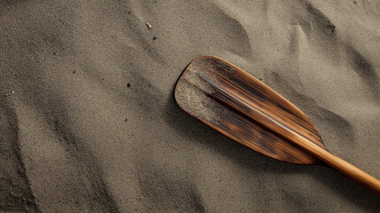 Single wooden oar lies partially buried in smooth, textured sand of gravel beach, creating serene and natural scene