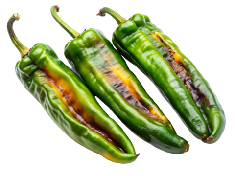 Three Grilled Green Chili Peppers with Brown Scorch Marks Isolated on a Transparent Background grilled peppers