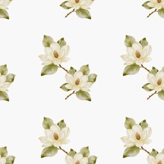 Naklejka premium Magnolia watercolor floral pattern on a seamless white background for elegant textiles