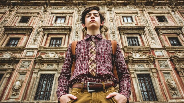 Young student with backpack against university building, focused and determined, embodying academic aspirations and future potential.