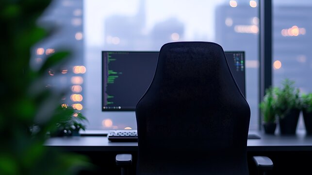 Empty modern office workspace with city view