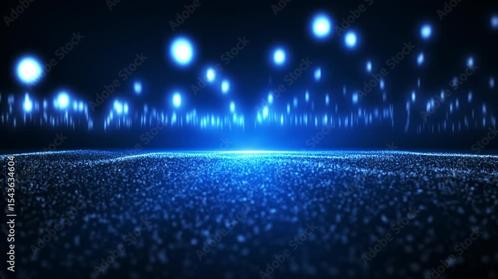 Poster abstract glowing wave of particles and dots moving on blue background, flying glowing field of parti