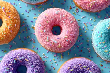 Colorful frosted donuts vibrant bakery setting food photography sweet treats overhead view fun and festive vibes