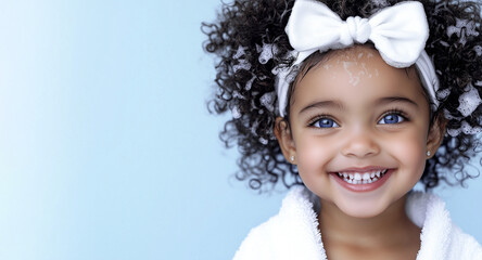 Portrait of cute smiling beautiful dark-skinned girl with blue eyes in white headband and terry robe on blue background with copy space. Happy child with curly hair, foam on head