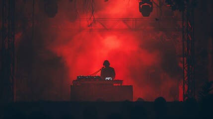 Silhouetted dj performing in red stage lighting