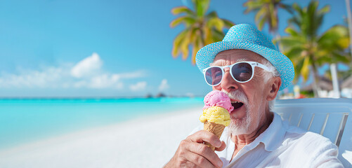 Happy smiling funny grandfather or elderly man in hat and glasses lying in sun lounger on seashore and eating delicious ice cream in waffle cone