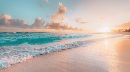 Fototapeta premium Paradise Beach Sunset - Stunning Tropical Shoreline with Turquoise Waves and Palm Trees, Perfect for Travel Agencies, Resorts Advertising, Calendars, and Summer Campaigns. 