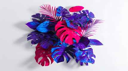 Vibrant neon tropical leaves in a flat lay, radiating bold energy and modern tropical vibes