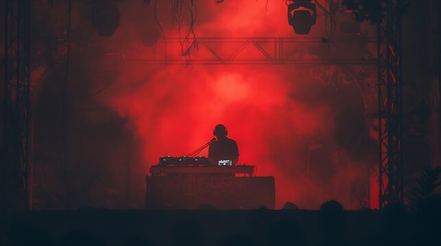 Silhouetted dj performing in red stage lighting
