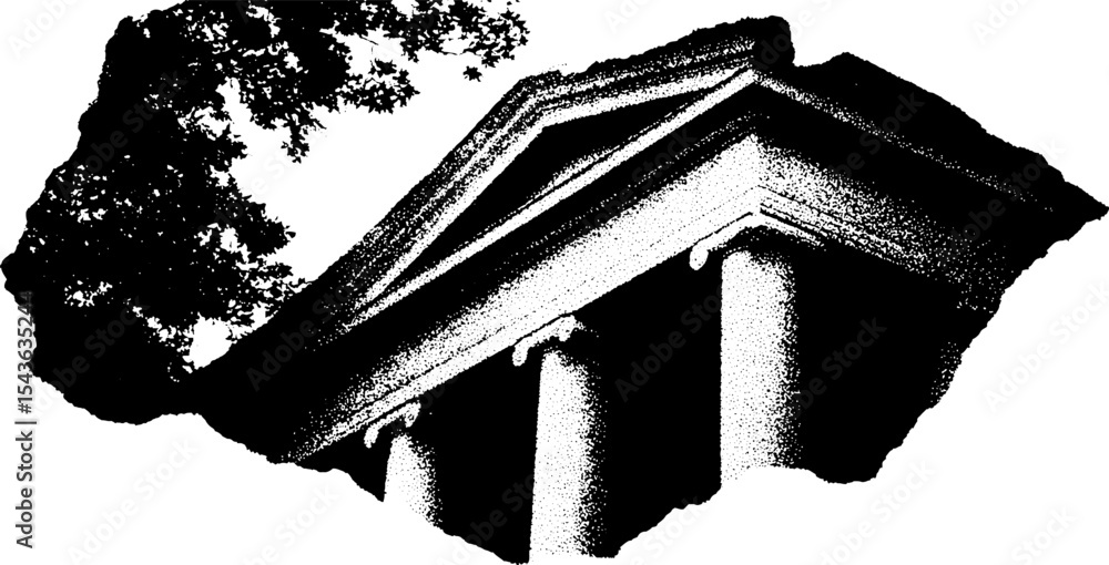 Poster architectural fragment with classic columns and oak branch silhouette for design concepts
