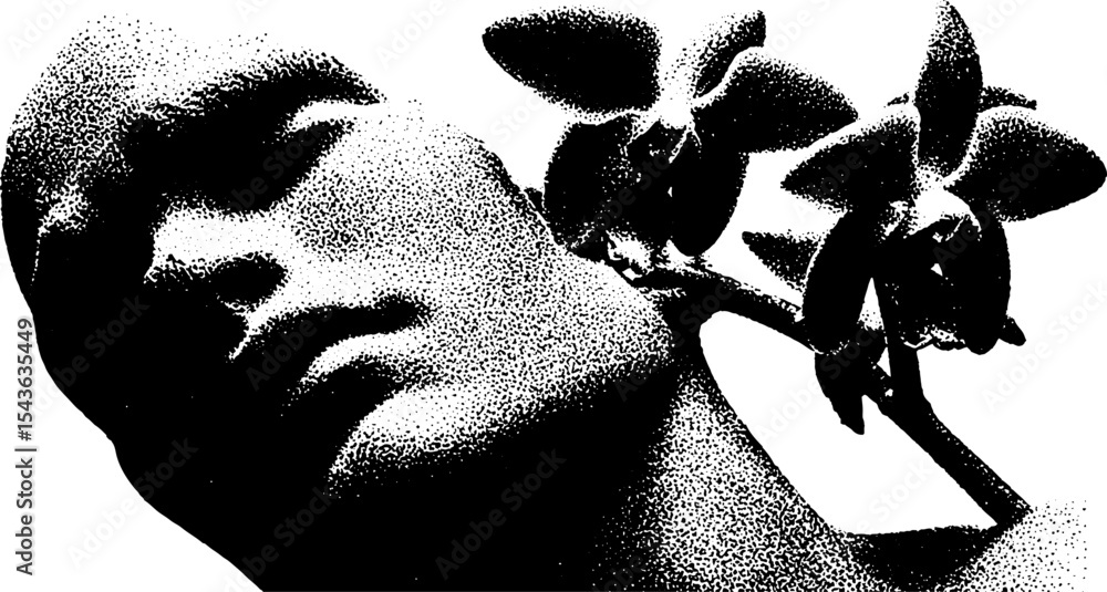 Poster fractured grotto statue draped in orchids in high contrast art