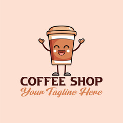 Cute Coffee Character A smiling or sleepy coffee cup with arms and legs Logo Design Vector Illustration