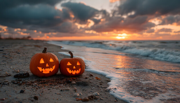 Jack-o'-lantern pumpkins on a sandy beach at sunset