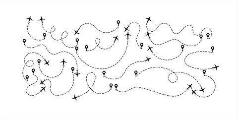 “Airplane Flight Path Vector Set – Dynamic Dotted Route Designs for Travel Maps, Aircraft Tracking, and Aviation Navigation Illustrations”
