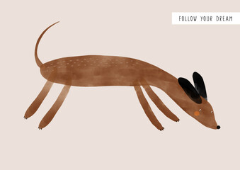 Vector Illustration Of Happy Brown Dog With Black Ears. Funny Dog Sniffing Around.  Lovely Hand Drawn Nursery Art with Sweet Puppy On A Beige Background.