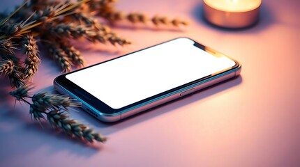 A silver smartphone with a blank white screen rests on a pink surface, next to wheat stalks and a lit candle