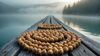Chickpeas arranged on rustic wooden pier overlooking serene lake scenery