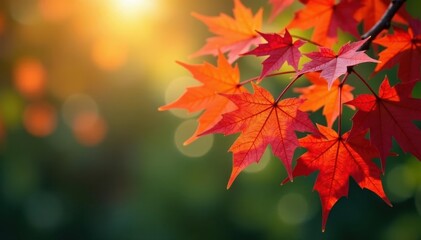 Obraz premium Several swirling maple leaves descending, bokeh effect, drifting, descending