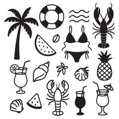Hand drawn palm tree, fruit, lobster, seafood, shell, bikini, 
cocktail. Coastal collection for card, prints, wedding invitation.