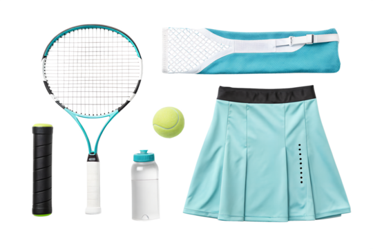 Tennis equipment including a racket net skirt ball  PNG Image