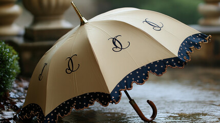 Elegant cream-colored umbrella with dark-blue polka dots and custom lettering