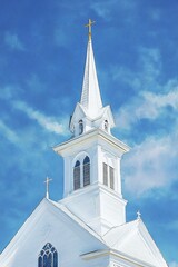 White Church with Steeple and Bell Tower Under Bright Blue Sky, Realistic Photo Style with Cloud in Corner